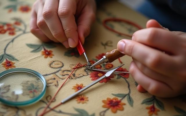 Mains délicates réparant un textile ancien, se concentrant sur les détails délicats