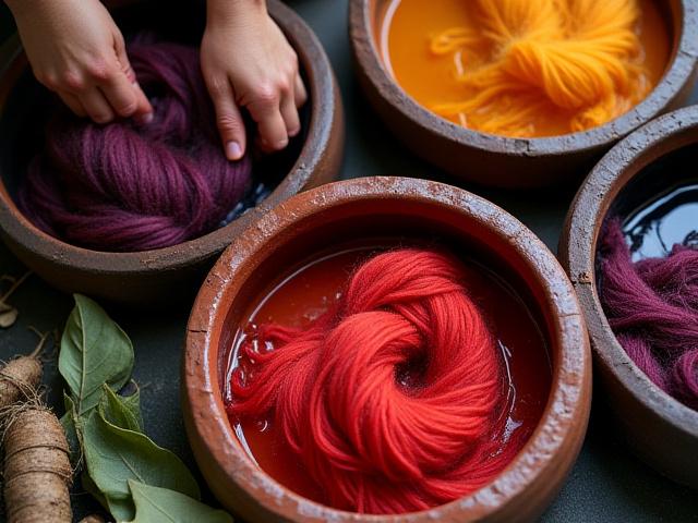 Vats of natural dyes with various plant materials, hands dipping natural fibers