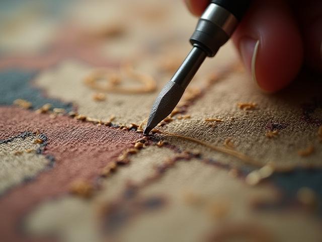 Close-up of a conservator meticulously repairing an ancient textile, delicate threads